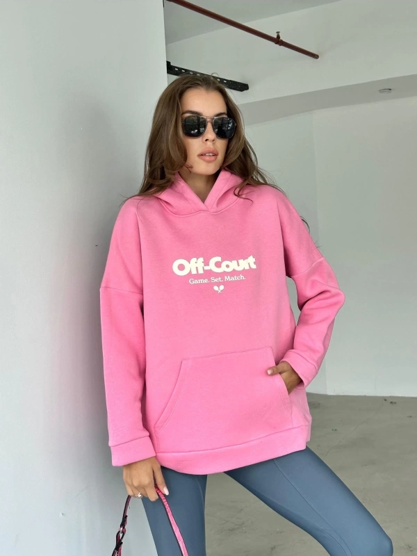 Pembe Offcourt Baskılı Oversize Bisiklet Yaka Kadın Sweatshirt bsgoffcourtsweat
