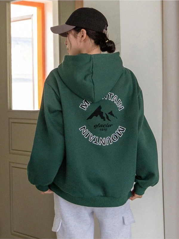 Kadın Mountaın Baskılı Oversize Yeşil Kapuşonlu Sweatshirt benisengiydirmountaı