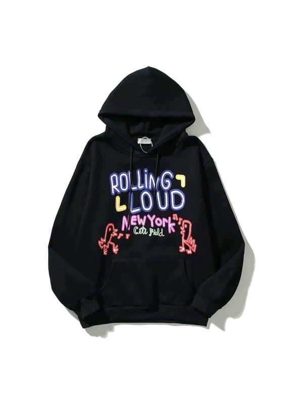 Erkek Siyah Rolling Loud Baskılı Oversize Kapüşonlu Sweatshirt Benisengiydirrol