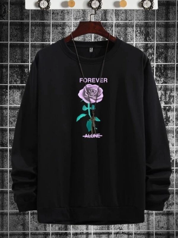 Forever Gül Baskılı Siyah Oversize Bisiklet Yaka Sweatshirt benisengiydirforeve
