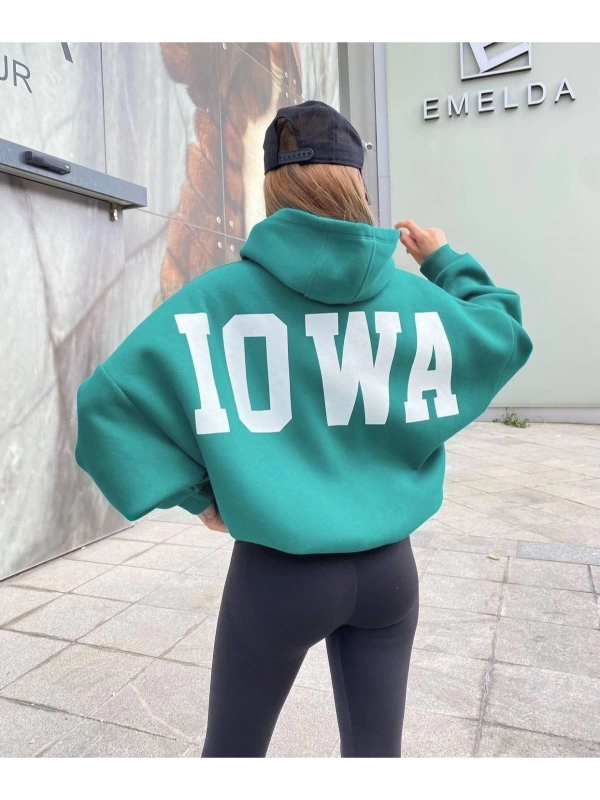 Kadın Mint Yeşili Sırt Iowa Baskılı Geniş Kesim Kanguru Cep Kapüşonlu Sweatshir