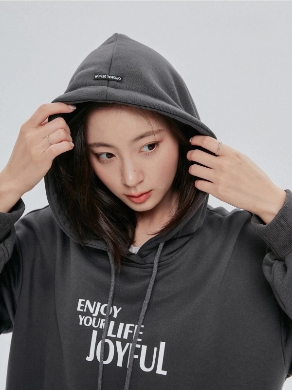Kadın Antrasit Enjoy Life Baskılı Oversize Kapüşonlu Sweatshirt TYC7UV28CN16874