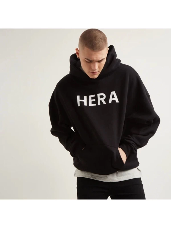 Erkek Siyah Hera Baskılı 3 Ip Oversize Kapüşonlu Sweatshirt Calıfornıa1