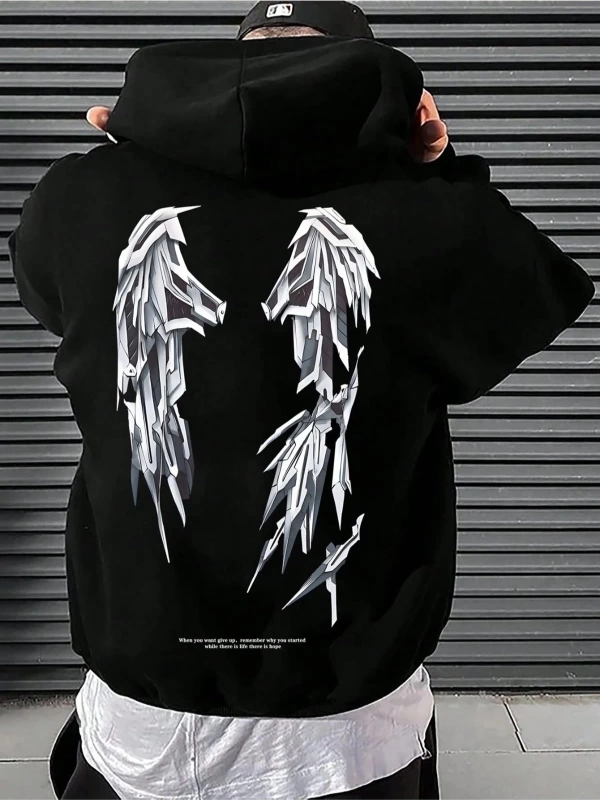 Siyah Demir Kanat Baskılı Oversize Kapüşonlu Erkek Sweatshirt Demirkana