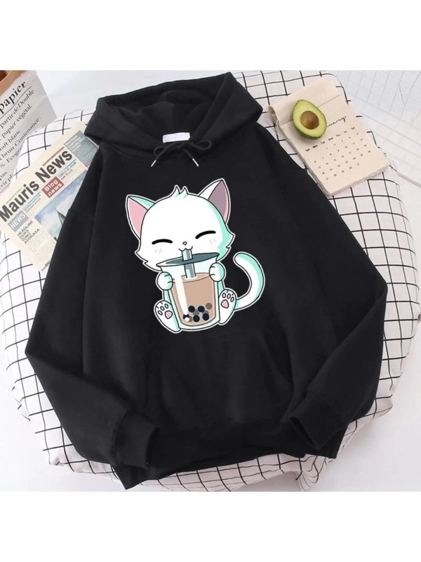 Hayvanlar Boba Çayı Hoodies Sevimli Kedi Kapşonlu 15109