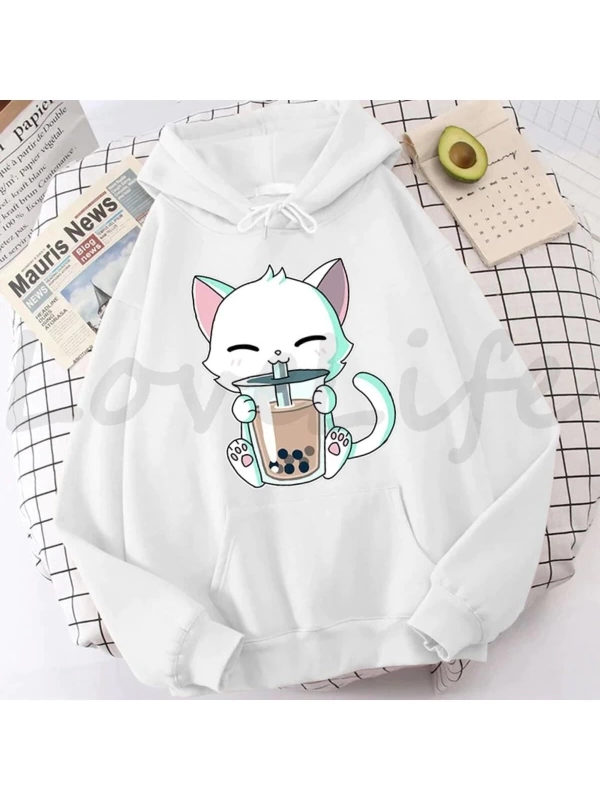 Hayvanlar Boba Çayı Hoodie Sevimli Kedi Kapşonlu 15110