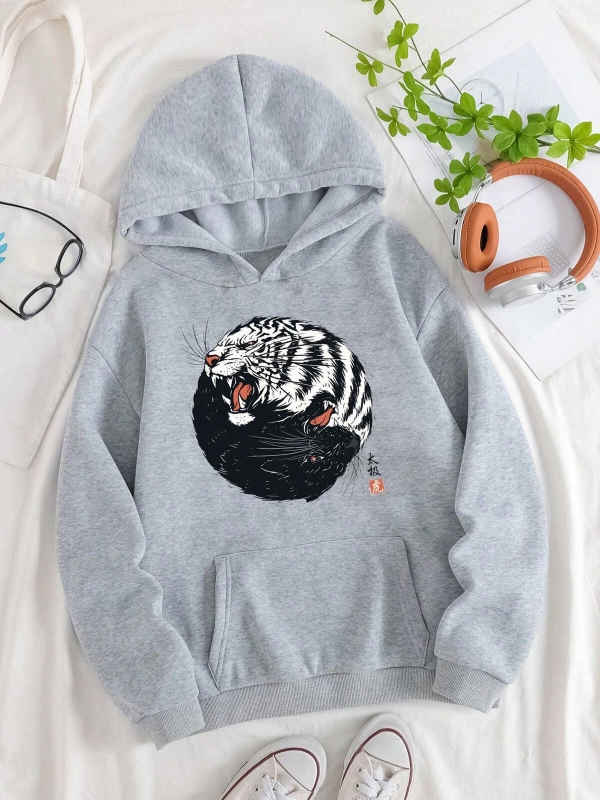 Unisex Oversize Kapüşonlu Kanguru Cepli Kaplanlar Baskılı