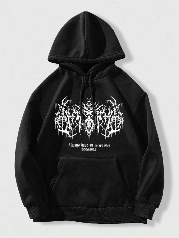 Unisex Kadın/Erkek Grunge Punk Sloganlı Grafik Kanguru Cep İpli Kapşonlu