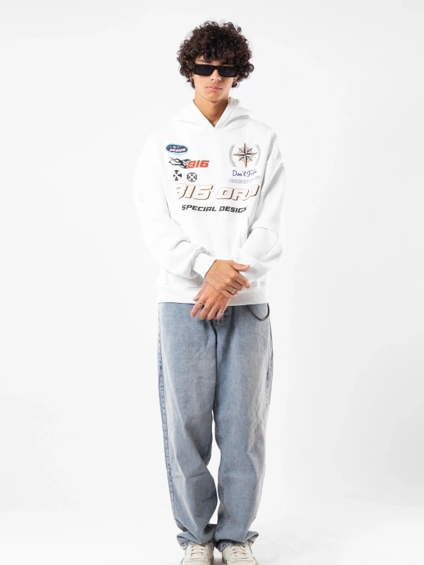 816 Racing Baskılı Oversize Unisex Beyaz