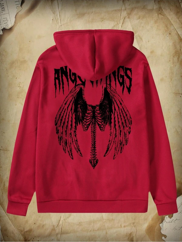 Academia Guys Letter Wings Graphic Pocket Drawstring Hoodie Bordo