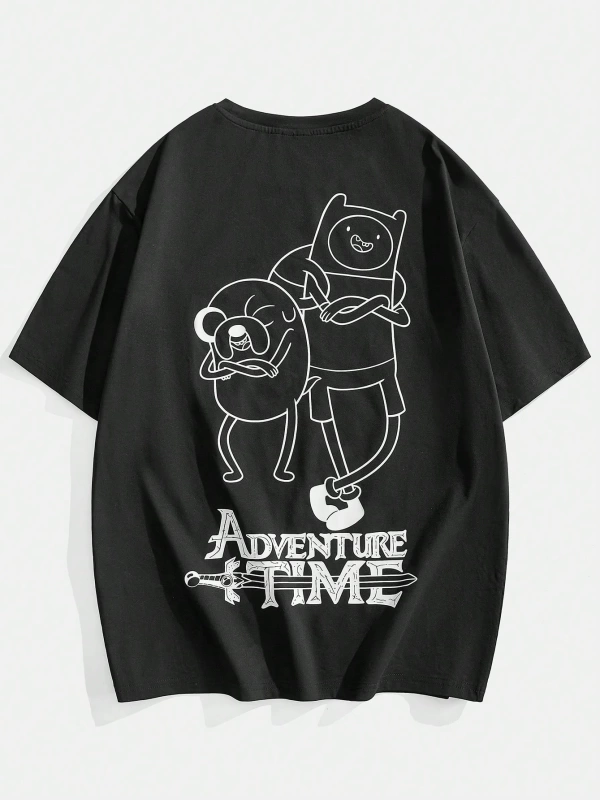 ADVENTURE TIME X SHEIN Erkek Rahat Bol Örme Karakter Baskılı Siyah Kısa Kollu Tişört