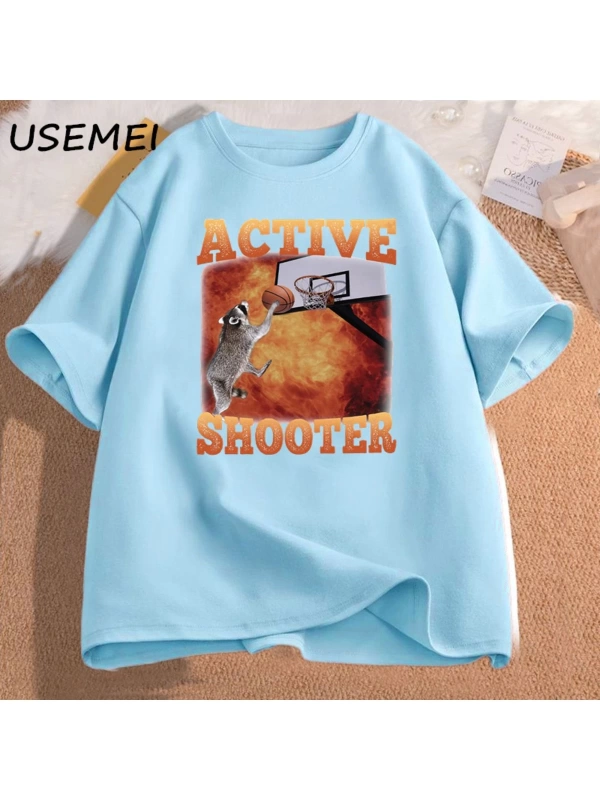 Aktif atıcı komik basketbol rakun Meme T Shirt pamuk kısa kollu grafik tişörtleri Unisex Stre
