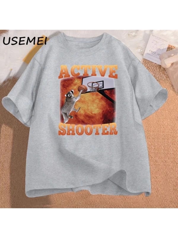 Aktif atıcı komik basketbol rakun Meme T Shirt pamuk kısa kollu grafik tişörtleri Unisex Stre