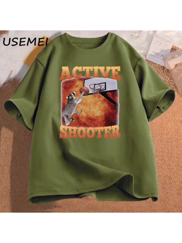 Aktif atıcı komik basketbol rakun Meme T Shirt pamuk kısa kollu grafik tişörtleri Unisex Stre
