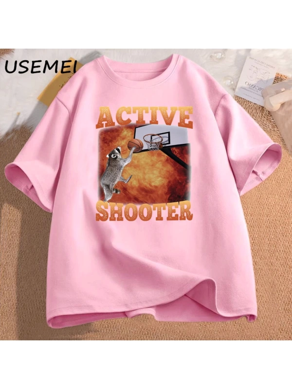 Aktif atıcı komik basketbol rakun Meme T Shirt pamuk kısa kollu grafik tişörtleri Unisex Stre