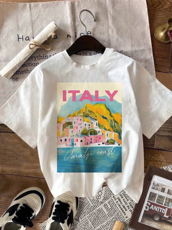 Amalfi Sahili İtalya Yaz Plaj Kıyafetleri Grafik Rahat Kadın Yuvarlak Yaka Kısa Kollu Tişört