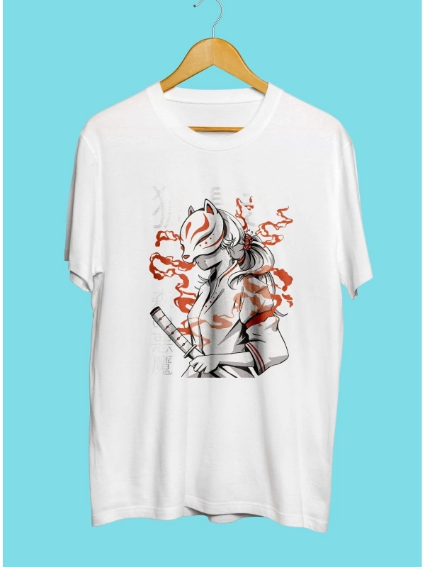 Anime Demon Slayer Maskeli Kedi Tasarım Baskılı Unisex Tişört
