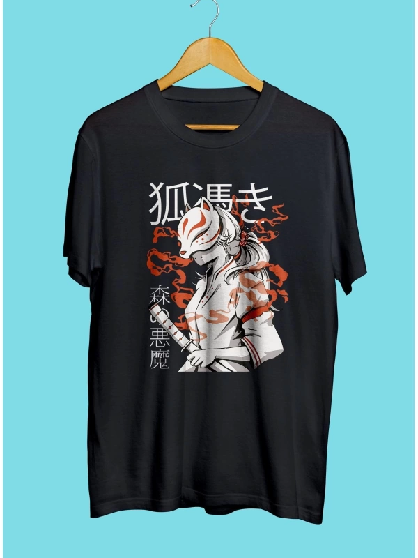 Anime Demon Slayer Maskeli Kedi Tasarım Baskılı Unisex Tişört