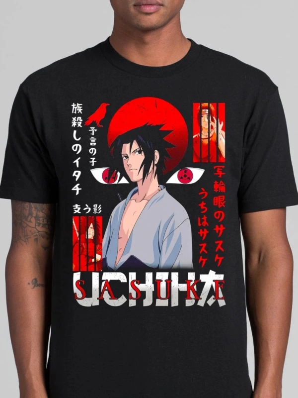 Anime Desenli Unisex Bay Bayan Tişört  Naruto Uchiha Sasuke