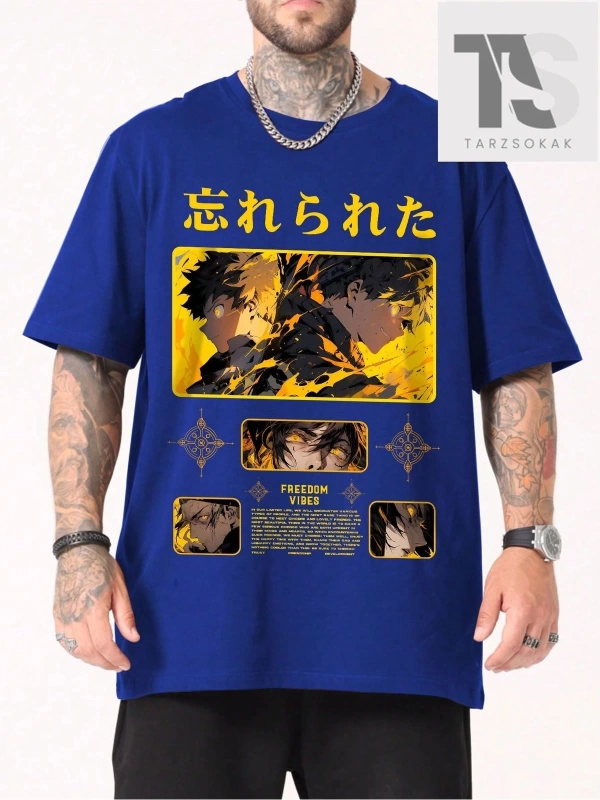 Anime Erkek Çizgi Film Karakteri ve Sloganı Baskılı T-Shirt