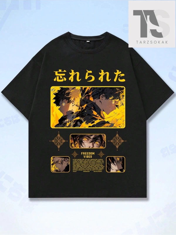 Anime Erkek Figürü ve Japon Harf Grafikli Tişört