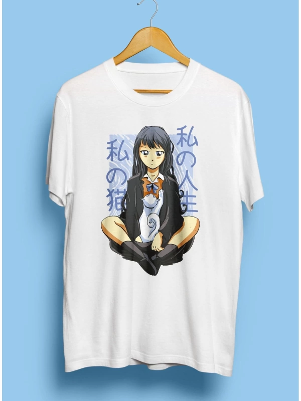 Anime Genç Kız Ve Evcil Kedisi Tasarım Baskılı Unisex Tişört