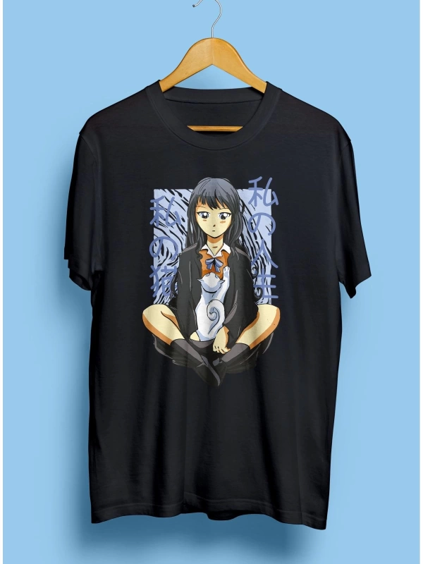 Anime Genç Kız Ve Evcil Kedisi Tasarım Baskılı Unisex Tişört