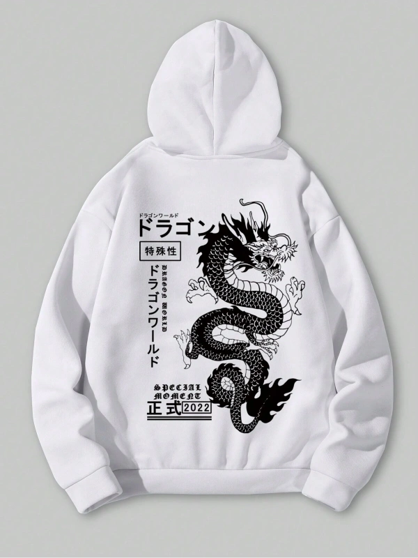 Anime Guys Dragon & Letter Graphic Drawstring Lined Hoodie Beyaz