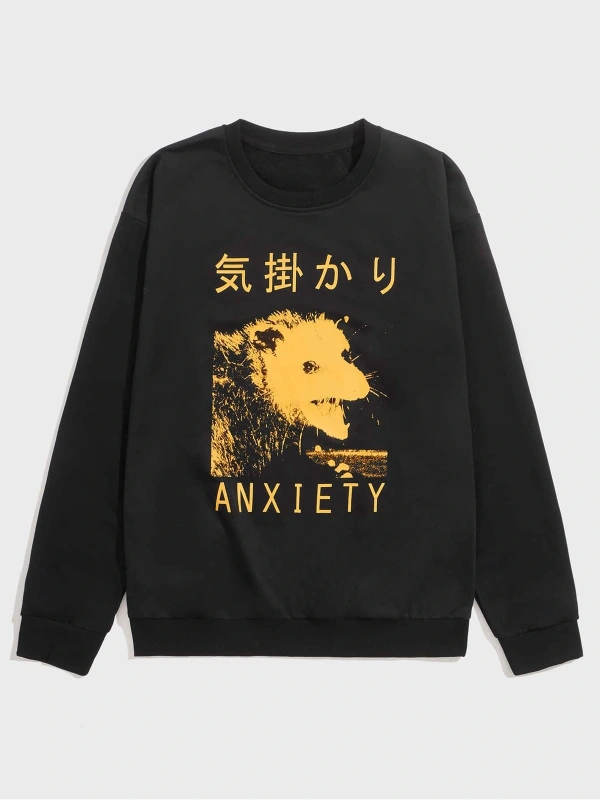 Anime Guys Letter Animal Graphic Sweatshirt Siyah