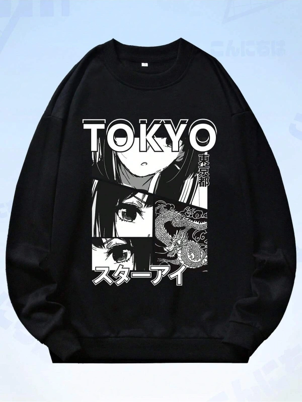 Anime Guys Letter Figure Graphic Sweatshirt Siyah