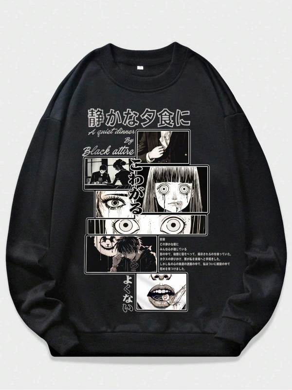 Anime Guys Slogan & Figure Graphic Sweatshirt Siyah