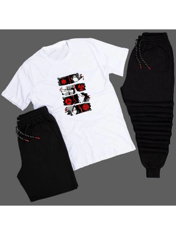 Anime Sharingan Baskılı Unisex Yazlık Şort - Normal Kalıp Tişört - Eşofman Altı Komb