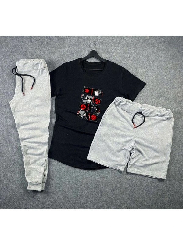 Anime Sharingan Baskılı Unisex Yazlık Şort - Normal Kalıp Tişört - Eşofman Altı Komb