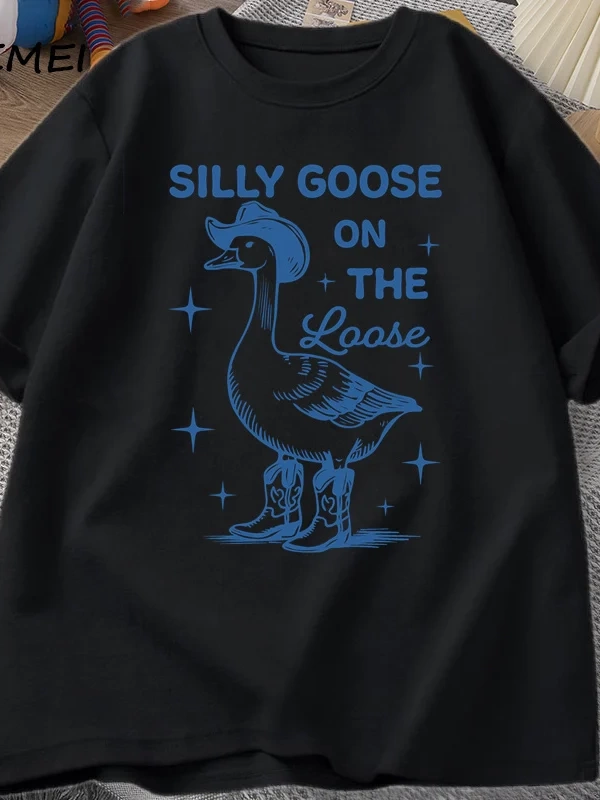 Aptal Kaz Gevşek T Shirt Erkekler Kadınlar için Komik Cowgirl Batı Tee90s Moda Yuvarl 2822