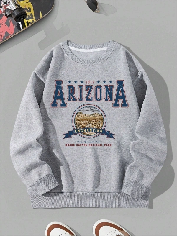 Arizona Baskılı Üç İplik Unisex Oversize Sweatshirt Gri