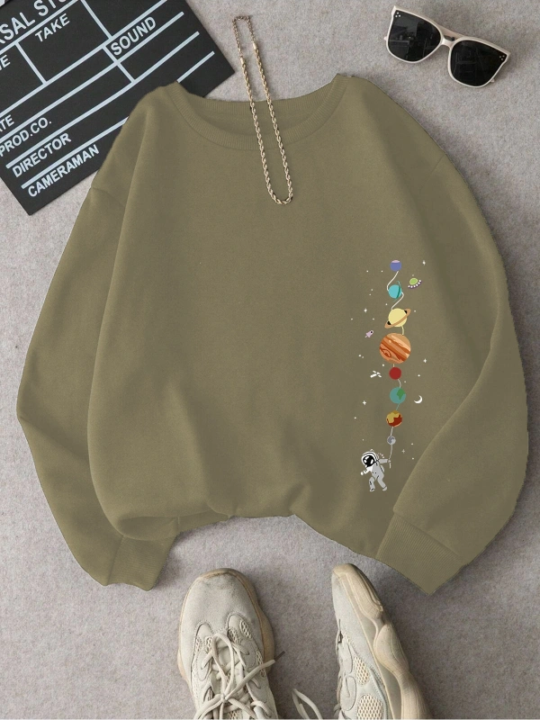 Astronot ve Gezegen baskılı Üç İplik ünisex oversize sweatshirt Bej