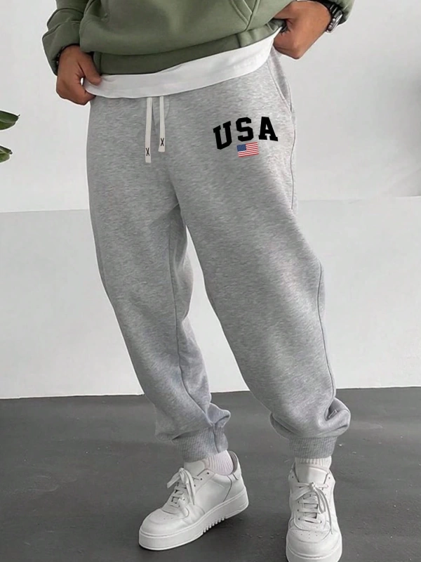 Bahar ve Yaz Yeni Erkek Eşofman Altı, Örme Elastik Bel Bağcıklı Jogger Pantolon, Harf Grafik