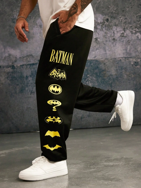 BATMAN X SHEIN 85. Erkek Günlük Bol Örgü Jogger Pantolon Çoklu Klasik Logo Baskıları, Siyah