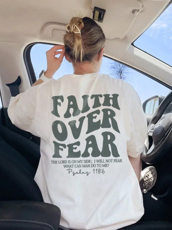 Bayan İlkbahar ve Yaz Yeni Stil Faith Over Fear Mektup Baskılı Günlük Rahat Yuvarlak Yaka Kıs