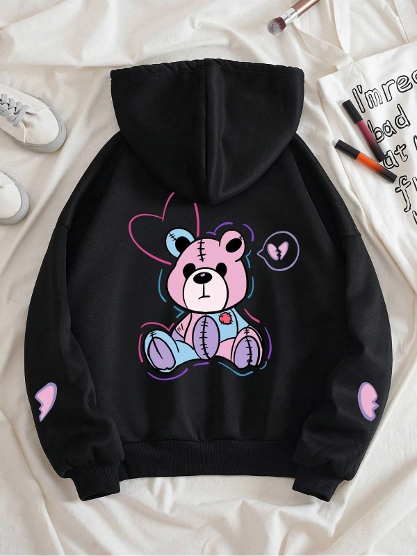 Bear And Heart Print Zip Up Lined Drawstring Hoodie Siyah
