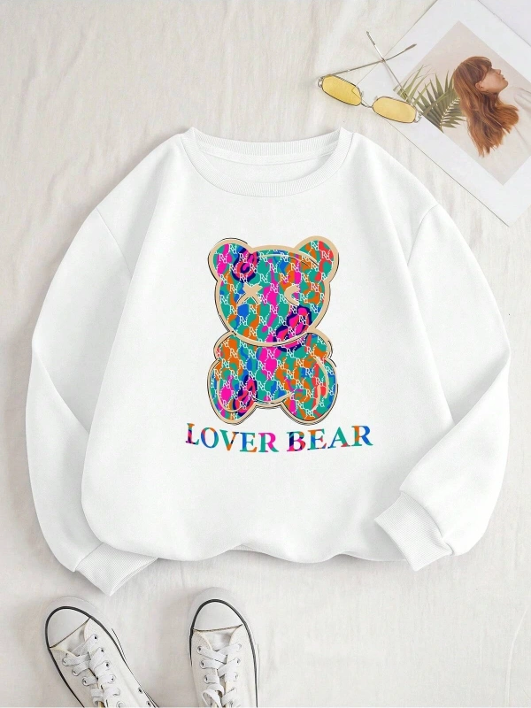 Bear & Letter Graphic Lined Sweatshirt Beyaz