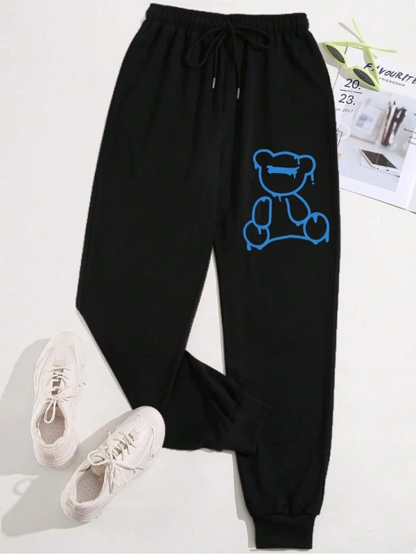 Bear Print Drawstring Waist 4 Mevsim Eşofman