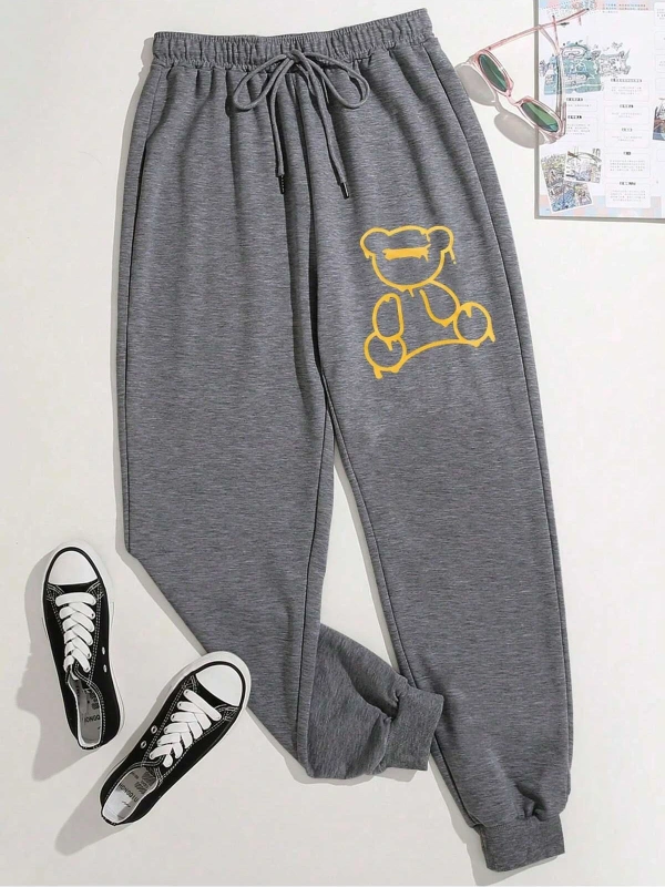 Bear Print Drawstring Waist 4 Mevsim Eşofman