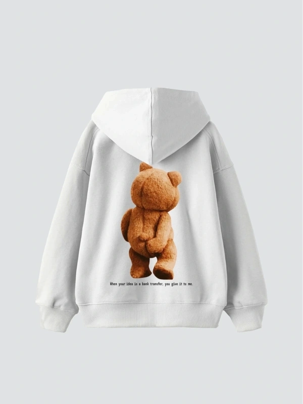 Bear Sırt Baskılı Oversize Unisex Beyaz
