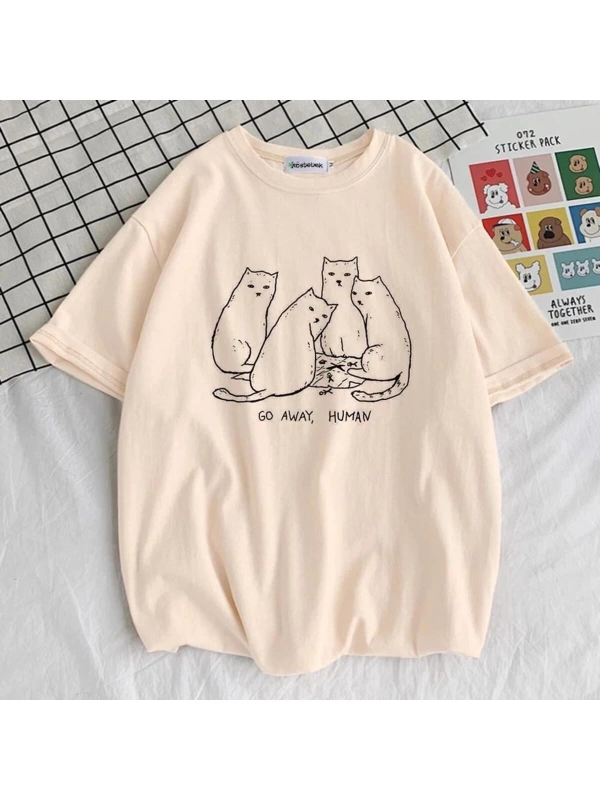 Bej Cats - Go Away Human (UNİSEX) T-shirt - Fvrmbcts