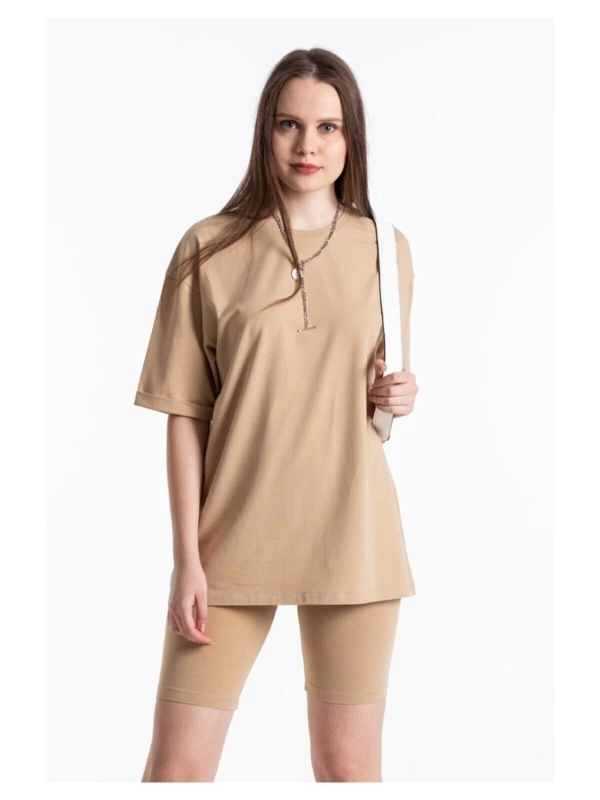 Bej Renkli, Düz, Kısa Kollu Boyfriend Örme T-shirt