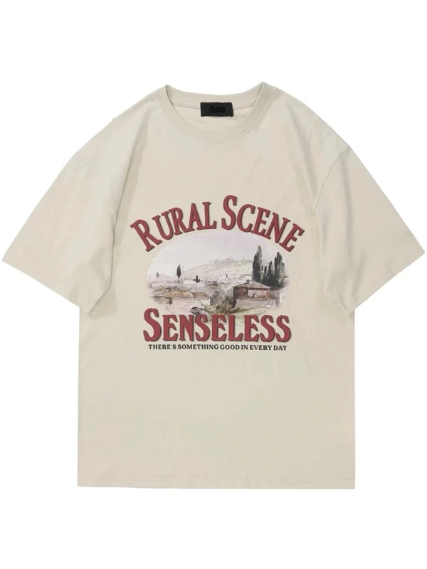Bej Rural Scene Baskılı Oversize Bisiklet Yaka Erkek Tişört