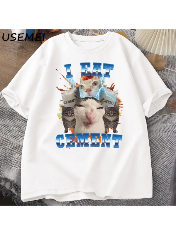 Ben çimento komik kedi Meme Tee pamuk kısa kollu aptal çirkin kediler baskılı T Shirt