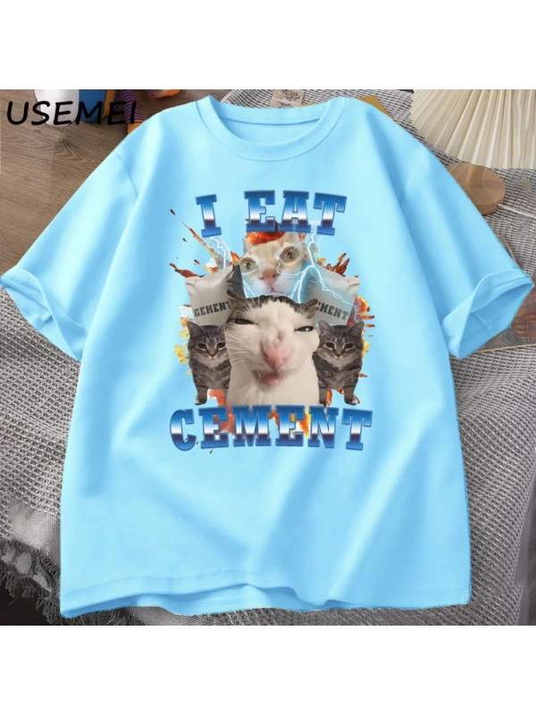 Ben çimento komik kedi Meme Tee pamuk kısa kollu aptal çirkin kediler baskılı T Shirt