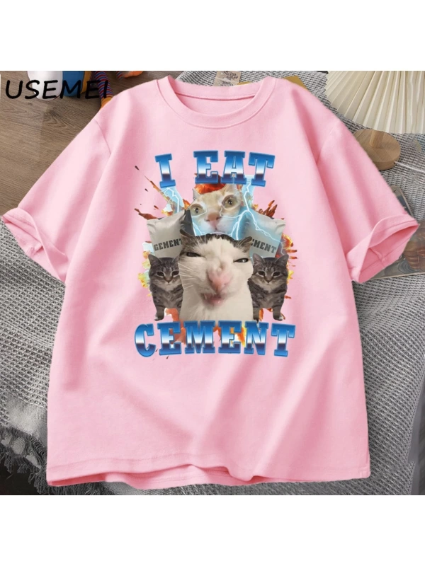 Ben çimento komik kedi Meme Tee pamuk kısa kollu aptal çirkin kediler baskılı T Shirt